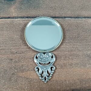 Antique Ornate Silver Tone Hand Mirror Ornate Handle Scenic Back